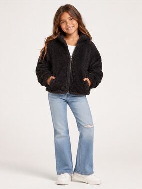 Splendid Girls Black Teddy Fleece Zip-Up Jacket Size 7/8 Cozy Soft Hooded
